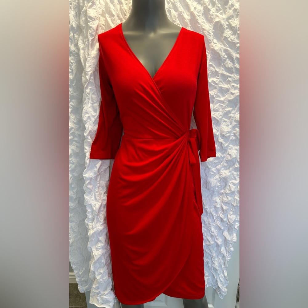 NWT BERRY BODY CON FAUX WRAP STRETCHY JERSEY DRESS RED SM